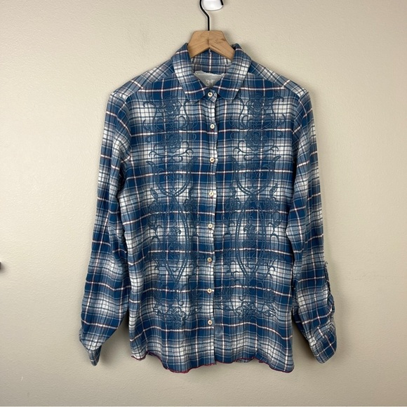 Johnny Was Embroidered Blue Plaid Button Down Blouse - Picture 2 of 5